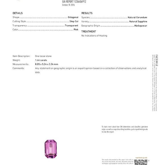 Emerald Natural Mined Loose Sapphire (1.44 Ct Pink Vs2) Gia C53000097 - Picture 5 of 6